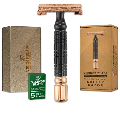 VIKINGS BLADE Double Edge Safety Razor for Men + 5 Swedish Steel Blades + Luxury Case. Smooth, Reusable, Eco-Friendly (Chieftain ¡°Odin¡±)