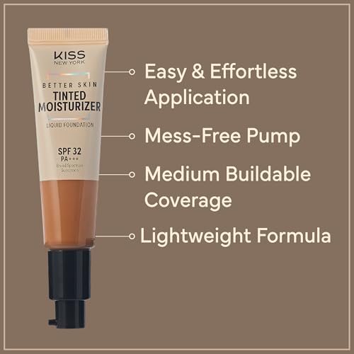KISS NEW YORK Tinted Moisturizer with SPF 32 PA+++ (Classic Tan) 12 Hour Hydrating Sunscreen for Face, No White Cast for Dark Skin Tone, Natural Finish, Medium Coverage with Hyaluronic Acid, Vitamin E