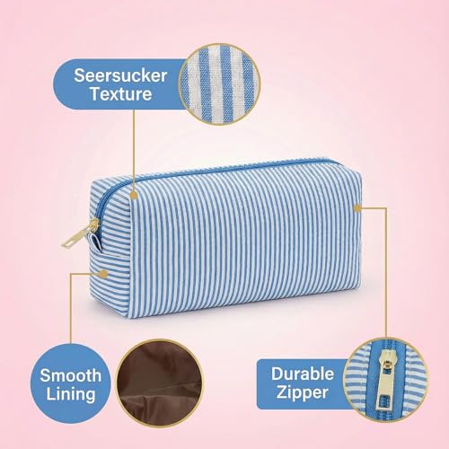 12 PACK Makeup Bags Bulk-Easter Gifts/Seersucker Bulk Cosmetic Bags/Bridesmaid Proposal Gifts/Makeup Pouch for Wedding Party Favors Birthday/Teacher/Mothers Day Gifts/Toiletry Travel Bags(12, Blue)