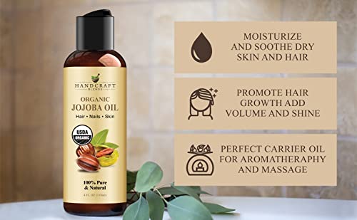 Handcraft Blends USDA Organic Jojoba Oil 4 fl. oz - 100% Pure & Natural Jojoba Oil for Skin, Face and Hair - Deeply Moisturizing Anti-Aging Jojoba Oil for Men and Women