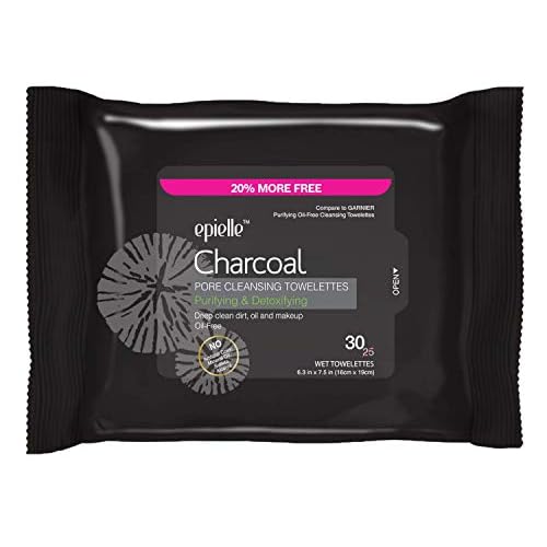 Epielle Charcoal Makeup Remover Wipes, Pore Cleaning Facial Cleanser Towelettes, Purifying & Detoxifying, Remove Dirt, Oil, Waterproof Mascara, Stocking Stuffers, 30 Count (Pack of 6)