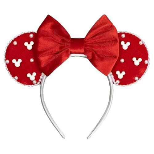 JIAHANG Christmas Velvet Mouse Ears Headband with Pearls, Red Hair Bow Hairband with Beads, Party Decoration Headwear Hair Accessories for Women Girls