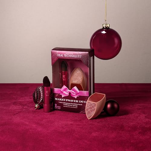Real Techniques Makeupsaver Duo 2 Piece Gift Set, Limited Edition Brush & Makeup Sponge Kit for Foundation, Stocking Stuffer, Vegan & Cruelty-Free Makeup Tools