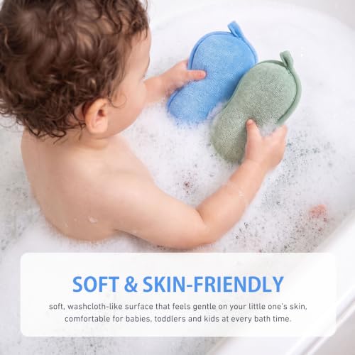 Baby Bath Sponge 2 Pack - Soft Kids Exfoliating Washcloths for Toddler Bathing, Green & Blue