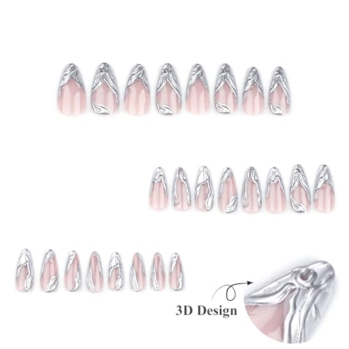 MISUD Press on Nails Medium Almond Fake Nails Glossy Glue on Nails Bling Pink Chrome Acrylic Nails Stiletto Pearl Flash Artificial Nails Cute Bow Stick on False Nails with Design 24 pcs