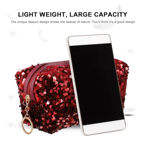 VALICLUD Sequin Cosmetic Bag, Portable Glitter Makeup Bag, Large Capacity Travel Toiletry, Dark Red Square Storage Pouch for Women