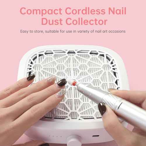 CHRISTINE SHELLY Nail Dust Collector, Cordless Dust Collector Nail Tech, Compact Powerful 6000RPM Nail Vacuum Fan Rechargeable Dust Extractor for Acrylic Gel Polish Manicure Pedicure for Home, White