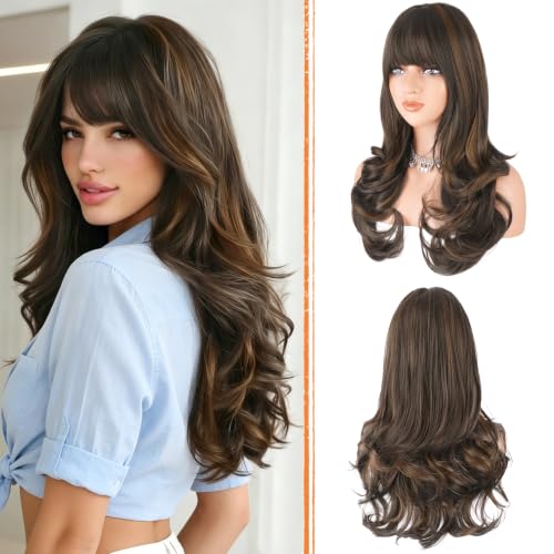 Brown Auburn Wavy Wig with Bangs 24 Inch