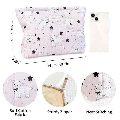 STARDW Cute Cotton Quilted Makeup Bag Cosmetic Bags for Women and Girls,Travel Toiletry Bag Floral Makeup Zipper Pouch, Purse Organizer Pouches,Canvas Lining (Cute Lamb)