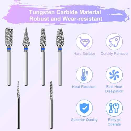 Diesisa 6 Pack Nail Drill Bits for Acrylic Nails, 3/32" Shank Drill Bits for Nails Professional Electric Cuticle Drill Bit, Cuticle Cleaner Nail Gel Polish Remover Tool for Home Salon Nail Bits-Blue