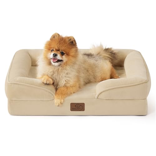 Bedsure Small Orthopedic Dog Bed - Washable Bolster Dog Sofa Beds for Small Dogs, Supportive Foam Pet Couch Bed with Removable Washable Cover, Waterproof Lining and Nonskid Bottom Couch, Light Khaki