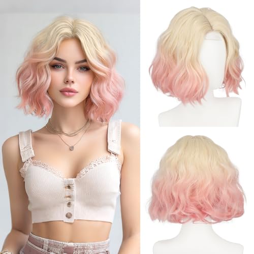 Pink Bob Wig with Lace Front - Short Wavy Synthetic Hair