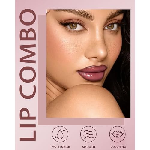 3Pcs Hydrating Lip Gloss with Brown Lip Liner Combo Set,Plumping Lip Liner Moisturizing Nude Tinted Lips Glow Oil,Lightweight Non Sticky Liquid Lipstick Women Lipstain Makeup Long Lasting Lipgloss-12