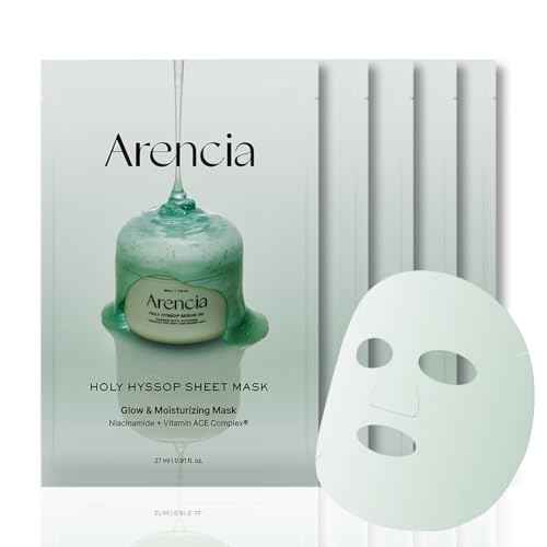 ARENCIA Hyssop Glow Sheet Mask, 5 Pack, Hydrating, Glowing, Boosting, Repairing for younger looking skin with Vitamin A,C,E