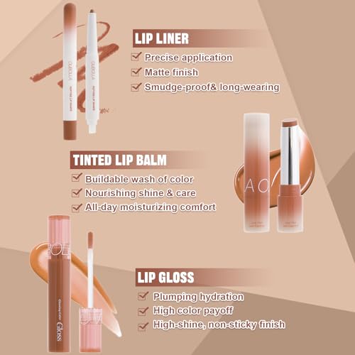 3-Piece Lip Combo Set - Matte Liner, Tinted Balm & Gloss in Mocha Nude