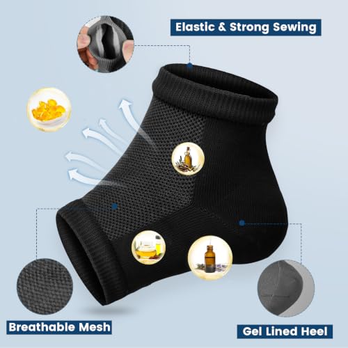 OKbutler Moisturizing Gel Heel Socks for Dry Cracked Feet - 2 Pairs Black