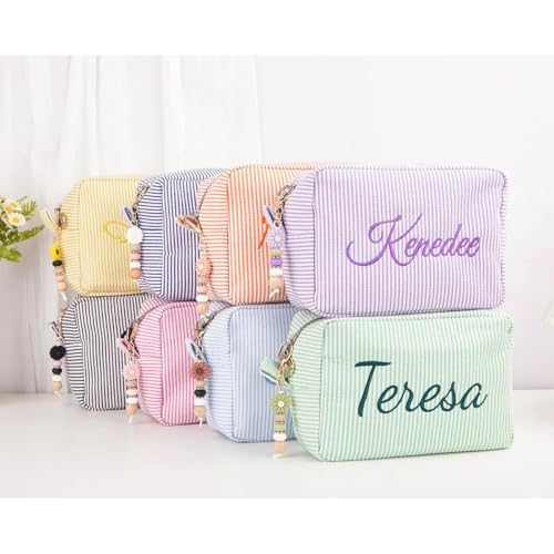 Personalized Cosmetic Bag with Name - Custom Seersucker Makeup Bags for Women, Single Color Embroidery