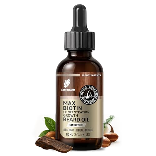 Biotin Beard Growth Oil for Men - Vitamin B5 & Castor Oil Formula, Nourish & Thicken Facial Hair, Daily Beard Care, Styling & Taming, Hydrating, Non-Greasy, Sandalwood 2oz Gift for Him