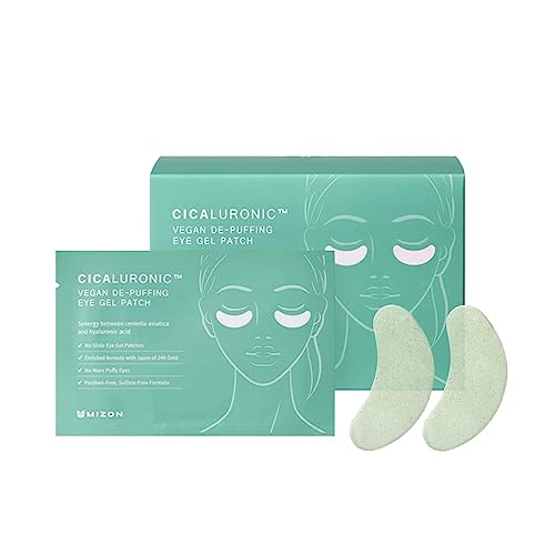 MIZON Snail Gold Eye Gel Patches + Cicaluronic Vegan De-puffing Eye Patches. Intensive eye skincare, anti-wrinkle, de-puffing, refreshing, soothing, hydrating.