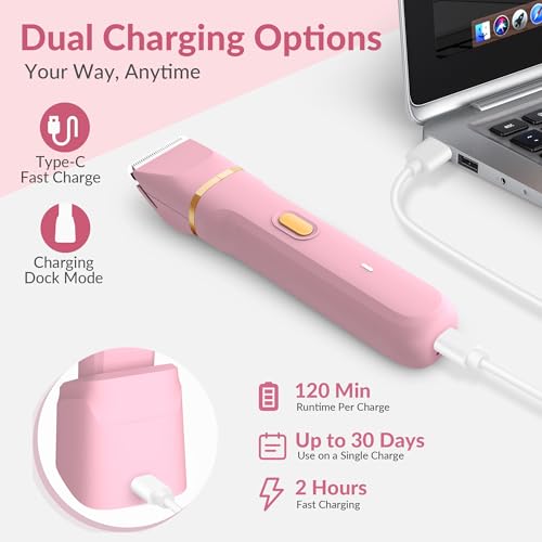 KINGTEE 5-in-1 Electric Bikini Trimmer for Women ? IPX7 Waterproof Shaver, Cordless Body & Facial Razors for Women, Ceramic Blades, USB-C Rechargeable, Painless Hair Removal Kit (Pink)