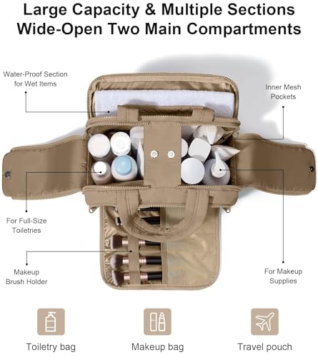 Khaki Travel Toiletry Bag with Waterproof Compartments by Bagstellar