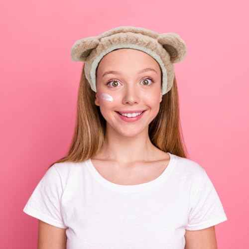 Canitor Face Wash Headband with Wrist Towels - Soft Coral Fleece Spa Makeup Headband, Cute Animal Elastic Skincare Design with Bear Ears