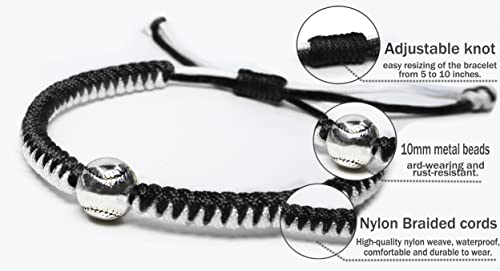 Handmade Braided Bracelets Baseball Gifts for Boys Adjustable Wristbands with Baseball Beads, Inspirational Baseball Bracelets for Girls Teens Adults (Black 2PCS)