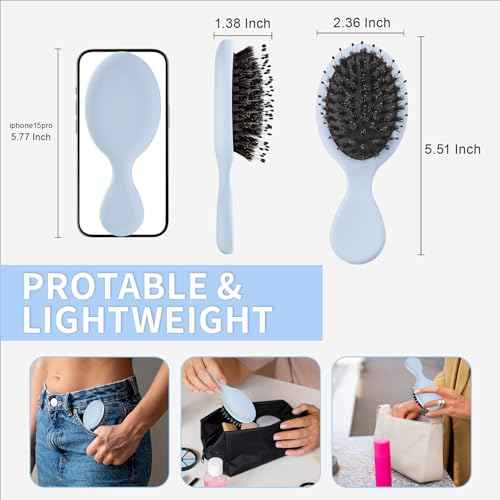Mini Boar Bristles Hair Bursh, Travel Size Hair Brush for Women Men Kids, Protable Small Hair Brushes for Pockets Purses, Mini Hair Brush for Smooth Add Shine (1 Pack-Blue)