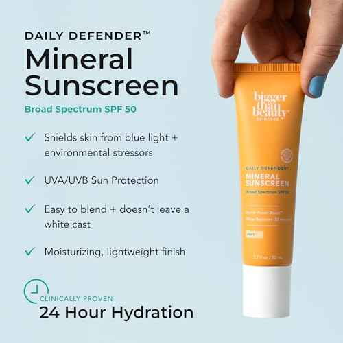 Daily Defender Broad Spectrum SPF 50 Mineral Sunscreen with Hyaluronic Acid, Vitamin C & Niacinamide (as Vitamin B3), Lightweight UVA & UVB Protection, Skin Care, Untinted