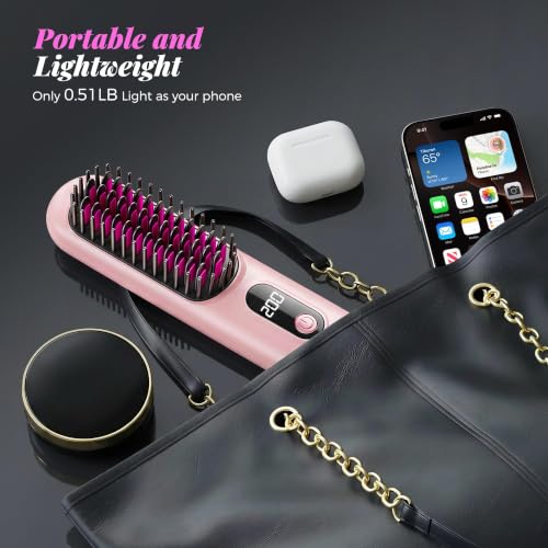 Cordless Hair Straightener Brush with 4 Heat Settings - Pink