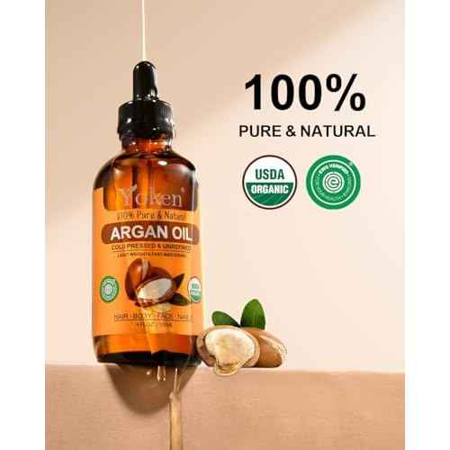 Organic Argan Oil for Hair 4 Fl Oz, USDA Pure and Natural Morocco Argan Oil, Argon Oil For Hair, Scalp, Face & Skin Care, 100% Cold Pressed Hair Conditioner, Unrefined Argon Nails Carrier Oil