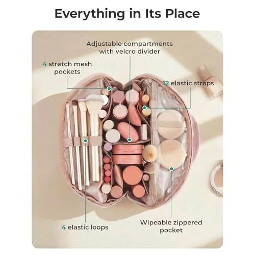 BAGSMART Travel Makeup Bag for Women, Portable Fold-down Cosmetic Case, Puffy Padded Make Up Organizer Pouch, Water-resistant Toiletry Bag for Toiletries, Brushes, Black