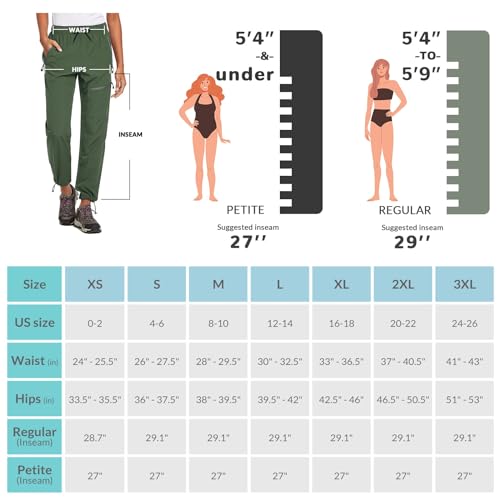 BALEAF Women's Petite Hiking Pants Lightweight Quick Dry Water Resistant Cargo Pants 27'' Inseam for All Seasons Army Green Size S