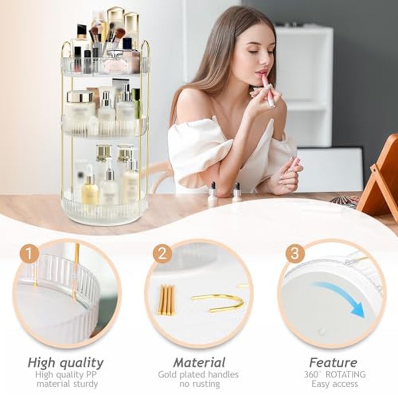360° Rotating Makeup Organizer - 3-Tier Vanity Storage, White