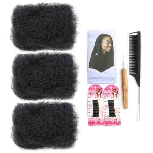 Afro Kinkys Bulk Human Hair, 10-Inch Afro Kinky-Curly Human Hair Bulk for Twists, Dreadlocks Extensions, Repair Locs, Natural Black 3 Pack (1B, 10inch)