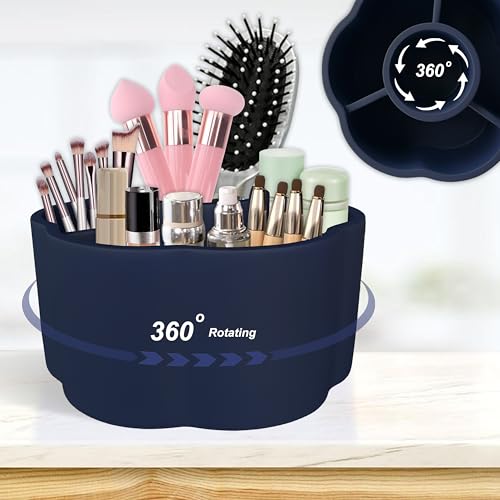 360¡Æ Rotate Makeup Brush Holder, 4 Slot Spin Beauty Tools Organizer, Brush Countertop Display Case, Desktop Storage, Bathroom Vanity Holder, Resin with Navy Blue Rubber Paint.