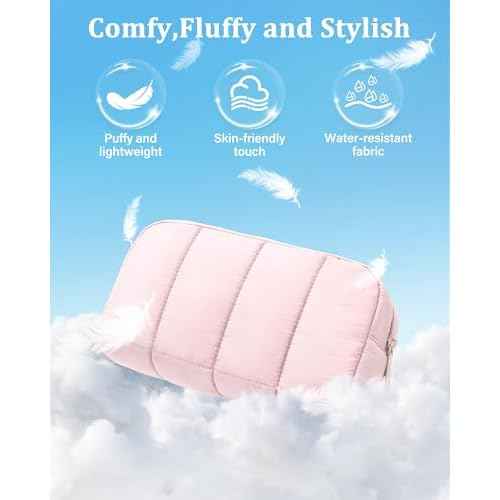 oscaurt 2 Pcs Makeup Bag Travel Toiletry Bag for Women Puffy Padded Cosmetic Pouch Purse Wide-open Makeup Organizer Case Travel Essentials