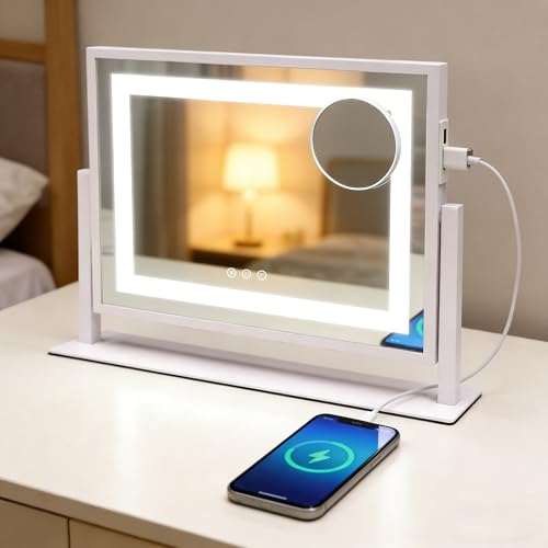 SANYCASA Lighted Makeup Vanity Mirror with Touch Control, 10X Magnification & 3 Color Modes - USB Charging, 24x19 Inch
