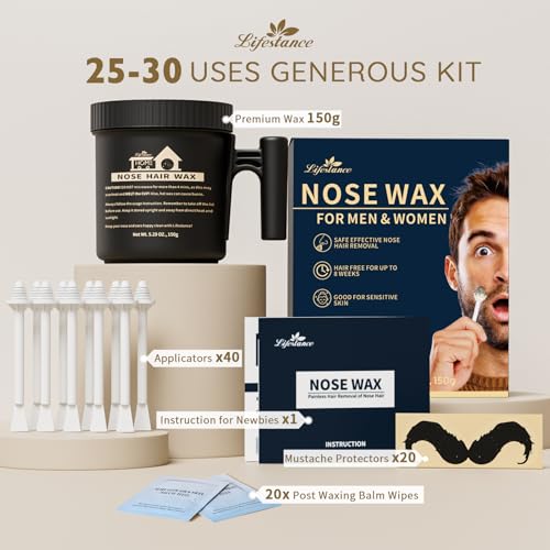 Lifestance Nose Wax Kit Men | 150g | Large Capacity Nose Hair Wax Kit with 40 Applicators, 25-30 Uses | Nose Wax Kit for Women | Nose Hair Waxing Kit for Men with Balm Wipes and Mustache Guards
