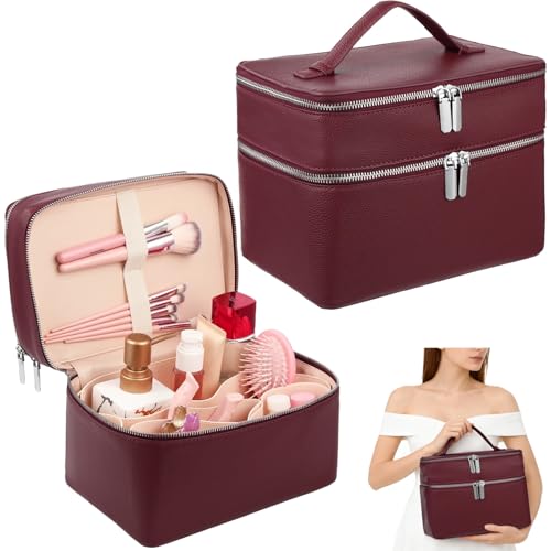 Makeup Vanity Bag for Women - Large Capacity Cosmetic Organizer with Removable Liner, Waterproof PU Leather Skincare Bag, Portable Chic Cosmetic Make Up Case for Skincare, Accessories,StyleC, Burgundy