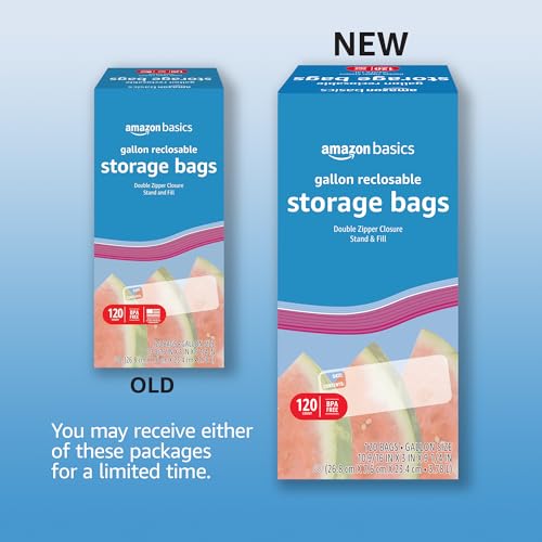 Amazon Basics Gallon Food Storage Bags 120 Count with Double Zipper Seal, Stand & Fill Base