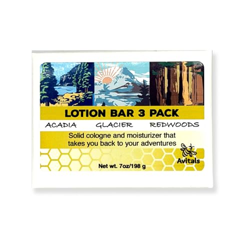 Avital's Apiaries National Park Inspired Lotion Bar 3-Pack ? Solid Cologne & Moisturizer ? Acadia, Glacier & Redwoods ? Natural Beeswax Travel Lotion Bars for Hiking, Camping & Outdoor Adventures