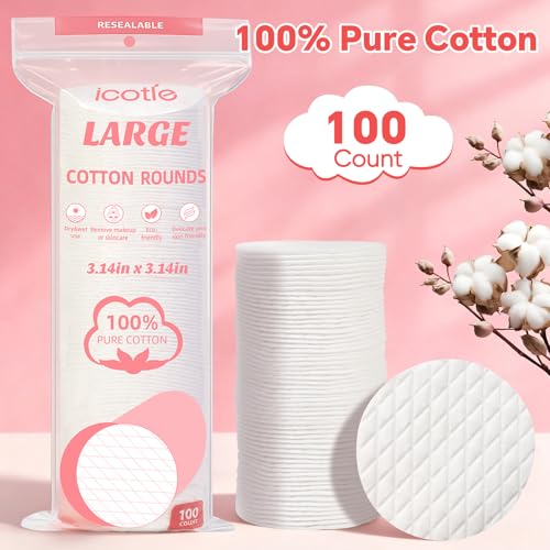 ICOTLE Extra Large Cotton Rounds - 100% Pure Cotton Pads, 3.14"