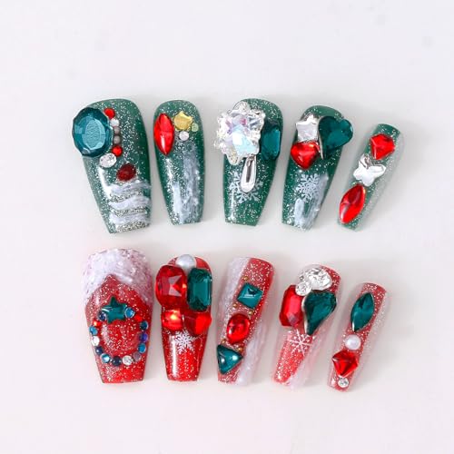 Fake Nails Handmade Press on Nails 3D Rhinestone Stylish Gel Reusable 10pcs Long Coffin Fake Nails Suitable for Halloween and Christmas (Red and Green-M)