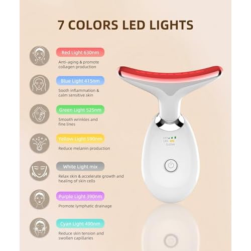 7 Color Face and Neck Massager Light Therapy, Red Light Based Facial Massager for Skin Care, Smoothing, Firming (White)