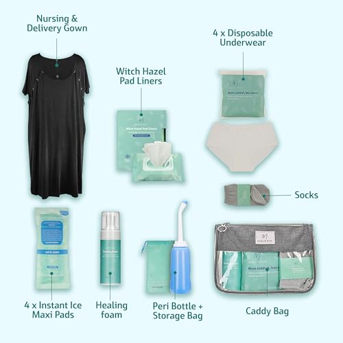 Mama & Wish¢ç Postpartum Essentials Kit (14-Piece) - Includes Hospital Post Partum Essentials for Women After Birth, Labor and Delivery Gown, Peri Bottle, Witch Hazel Foam, Pad Liners & More!