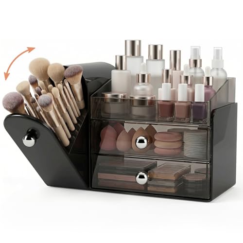 Makeup Organizer with Dustproof Brush Holder & Drawers