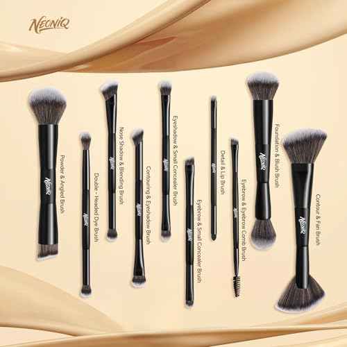 10 PCS Foundation Contour Conceal Brush Set With Bag, Makeup Brushes, Double-End Multi-functional Brushes for Foundation Powder Blush Eyeliner Eyeshadows, Professional Face Brush Set£¨Black£©