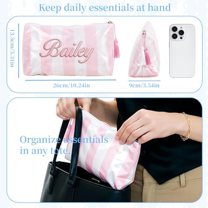 Personalized Striped Waterproof Makeup Bag with Custom Name