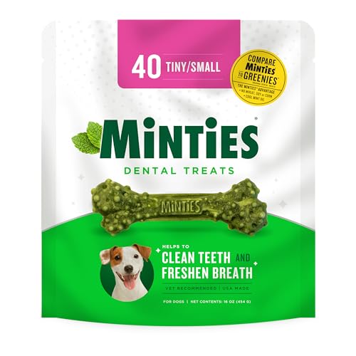 Minties Dental Chews for Dogs, 40 Count, Vet-Recommended Mint-Flavored Dental Treats for Tiny/Small Dogs 5-24 lbs, Dental Bones Clean Teeth, Fight Bad Breath, and Removes Plaque and Tartar